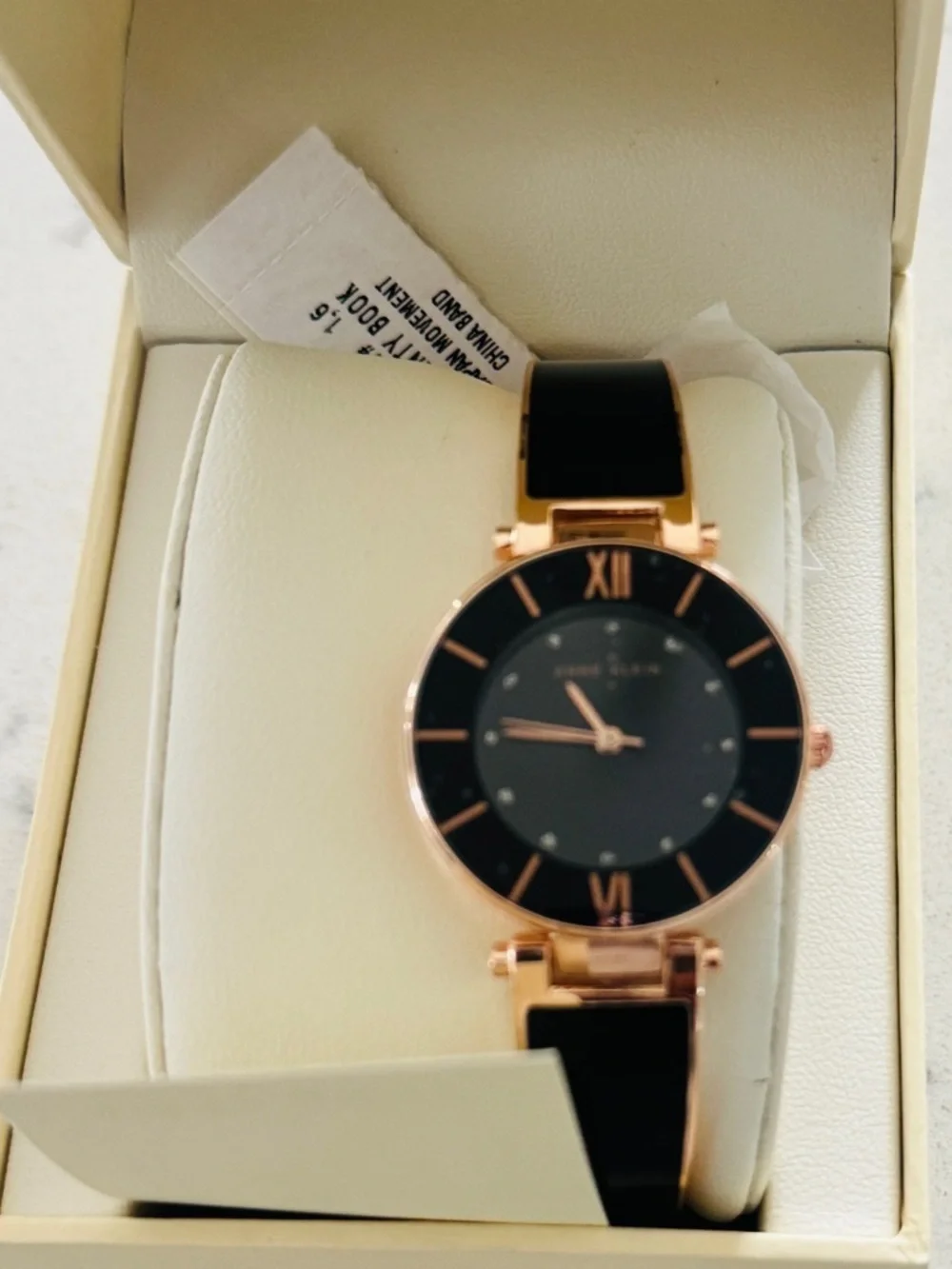 Anne Klein Rose Gold-Tone and Black Bangle Watch